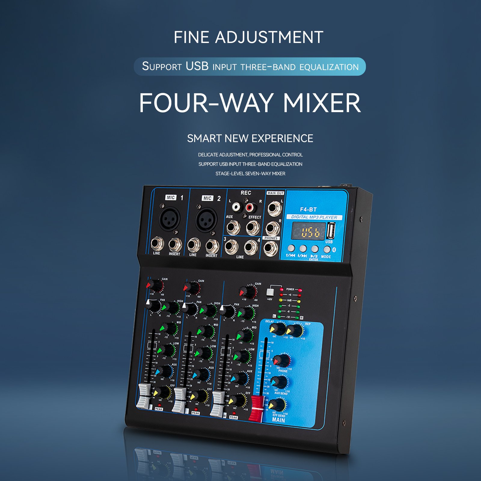 F4 4 Channel Bluetooth Mixing Console Desktop Soundboard Stereo, USB, Computer Recording, DJ Controller/Audio Console Mixer