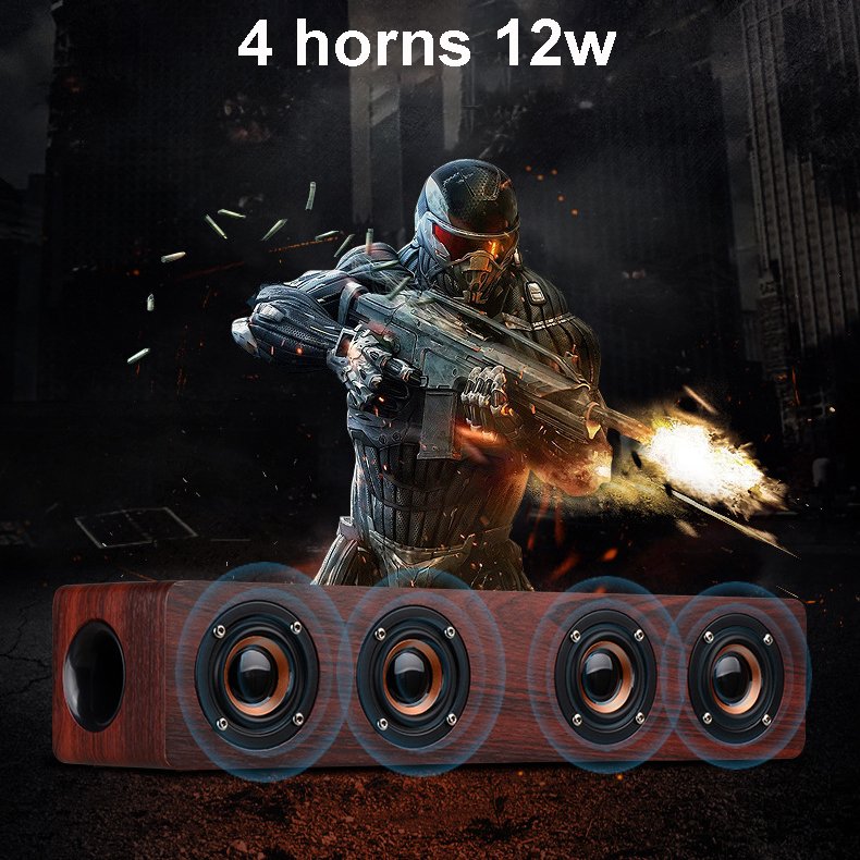 Hifi Built In Microphone 12W 4 horns amplifier Blue-tooth Wooden Computer Wireless Speaker