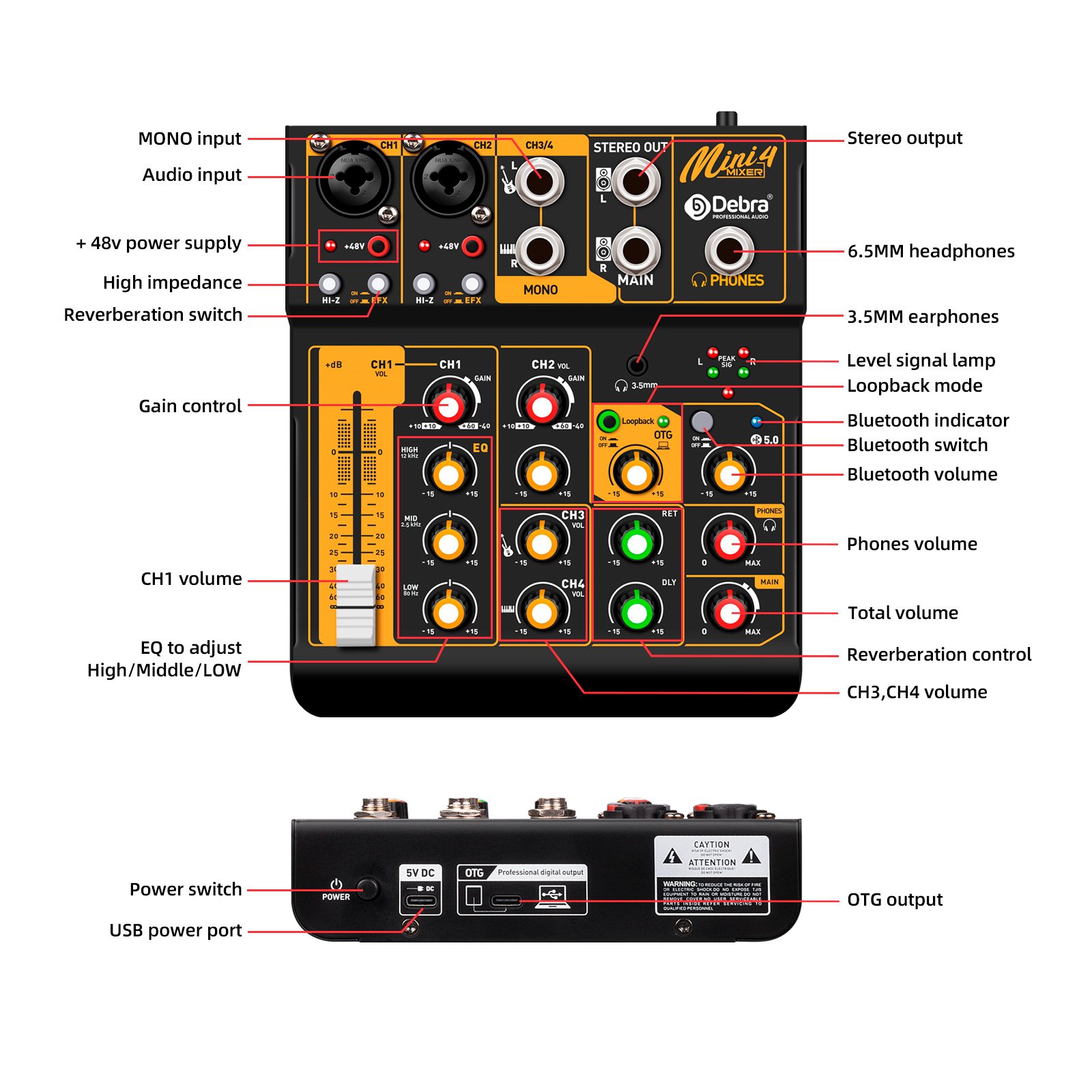 portable 4channel mini audio mixer audio interface with OTG Sound Card Mixer DJ Console 48V PC For Live Broadcast