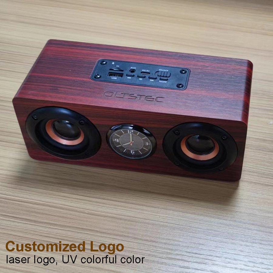 Hifi Built In Microphone Portable Powerbank Blue-tooth Wooden Compute Wireless Speaker with clock