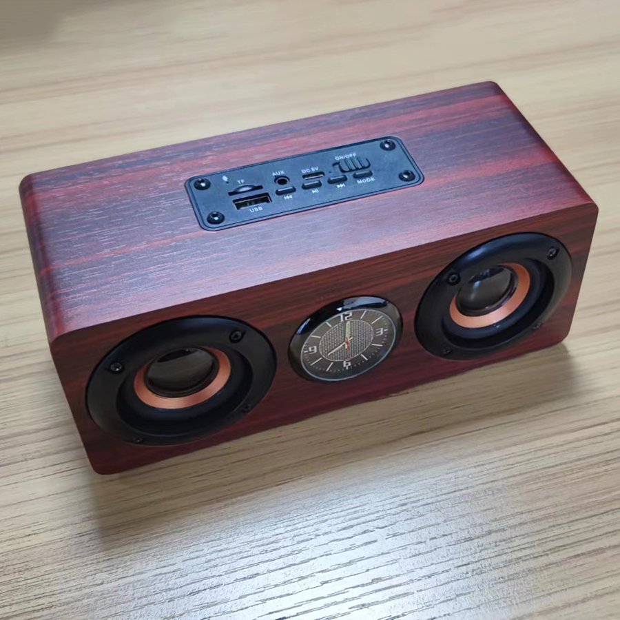 Hifi Built In Microphone Portable Powerbank Blue-tooth Wooden Compute Wireless Speaker with clock