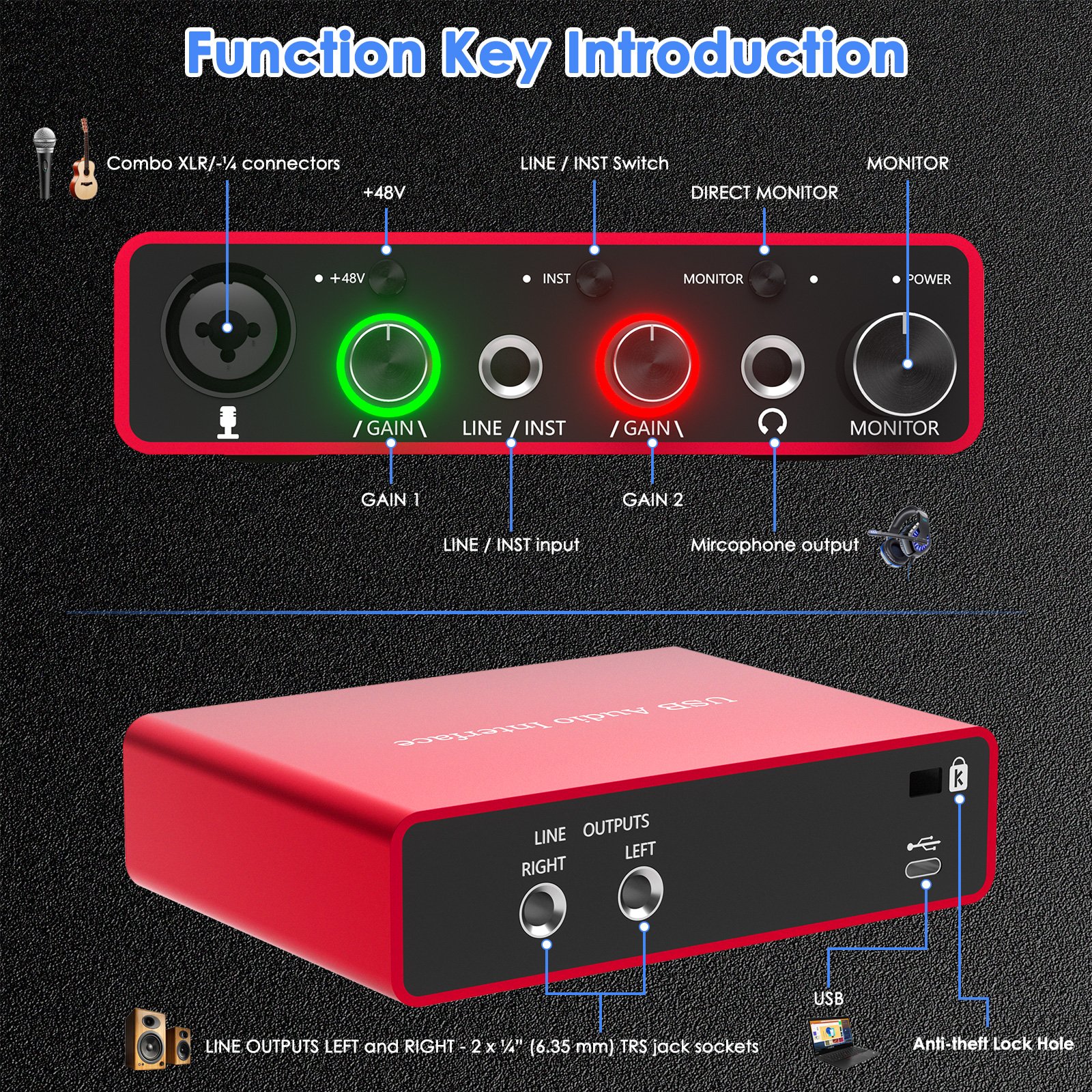Professional Studio Condenser Microphone Monitor Headphone USB Audio Interface Sound Card Bundle Kit Podcast Recording Solo Vlog