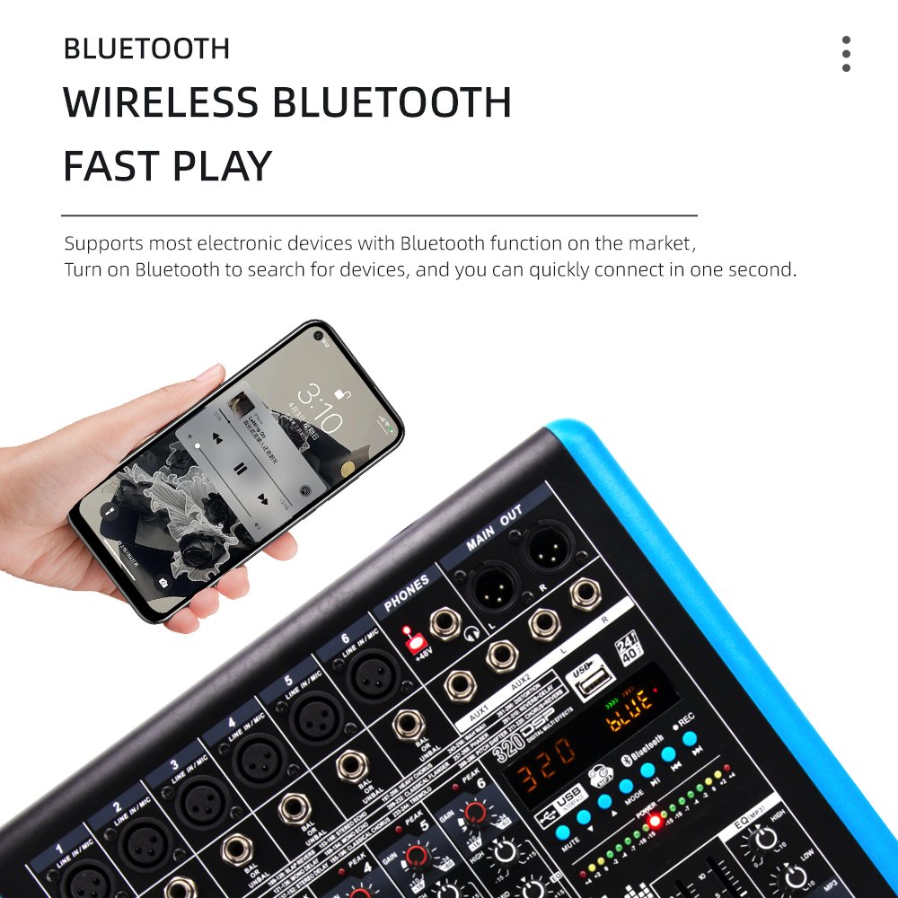 Professional 6 Channel Audio Mixer with USB Bluetooth DSP Effects DJ Controller/Audio Console Mixer for Studio Stage Recording