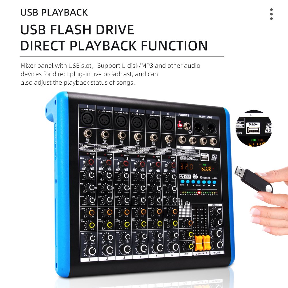 Professional 6 Channel Audio Mixer with USB Bluetooth DSP Effects DJ Controller/Audio Console Mixer for Studio Stage Recording