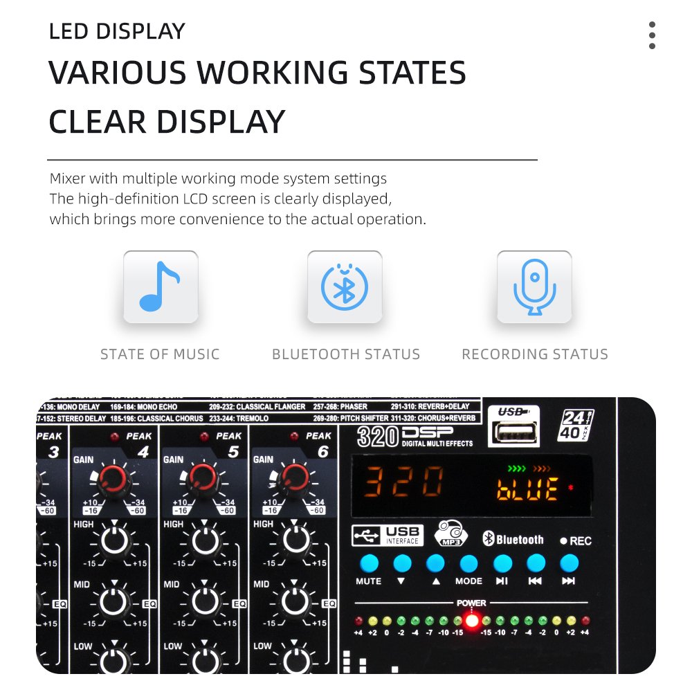 Professional 6 Channel Audio Mixer with USB Bluetooth DSP Effects DJ Controller/Audio Console Mixer for Studio Stage Recording