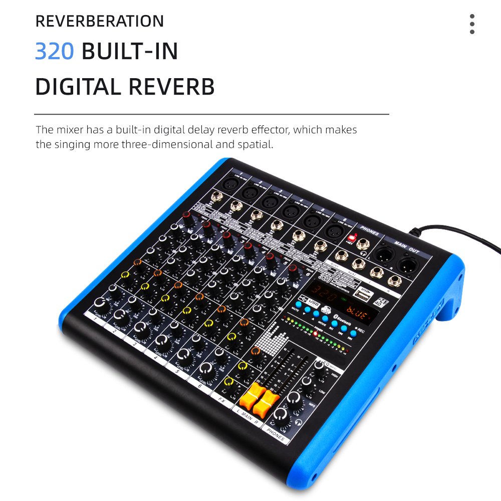 Professional 6 Channel Audio Mixer with USB Bluetooth DSP Effects DJ Controller/Audio Console Mixer for Studio Stage Recording