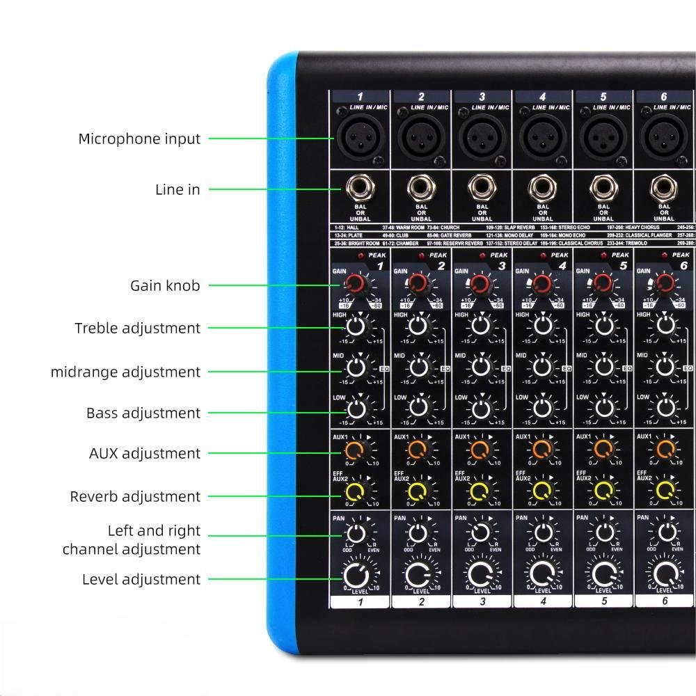 Professional 6 Channel Audio Mixer with USB Bluetooth DSP Effects DJ Controller/Audio Console Mixer for Studio Stage Recording