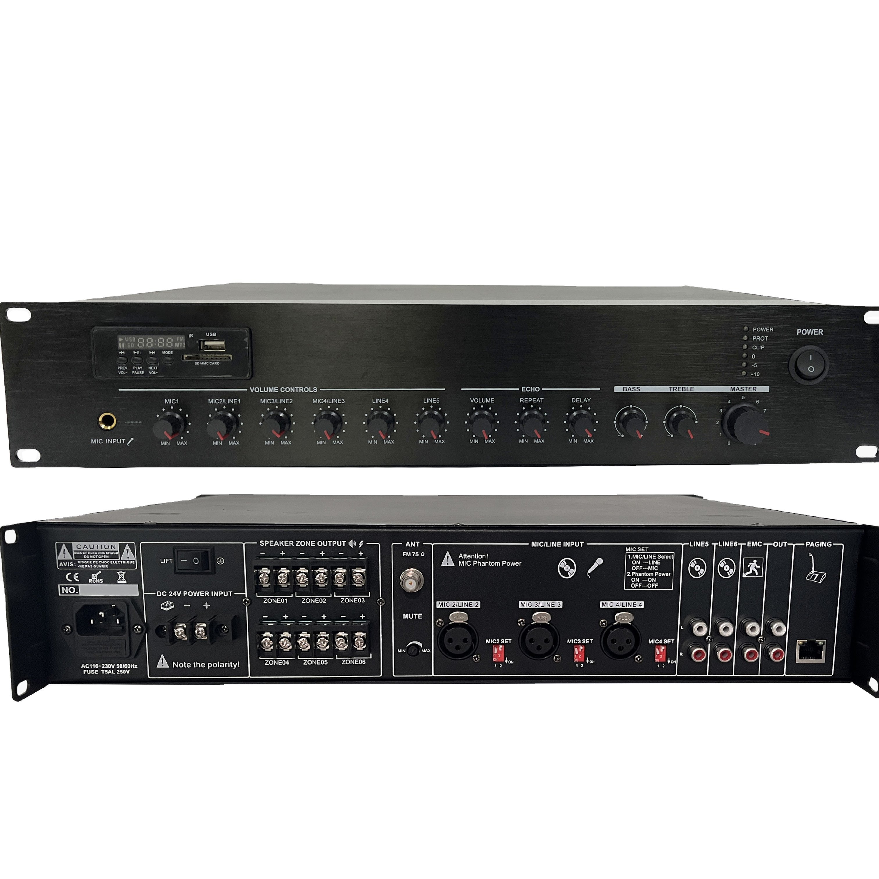 6 Zone 500W Mixer Amplifier sound equipment power amplifier 100v With FM SD Bluetooth