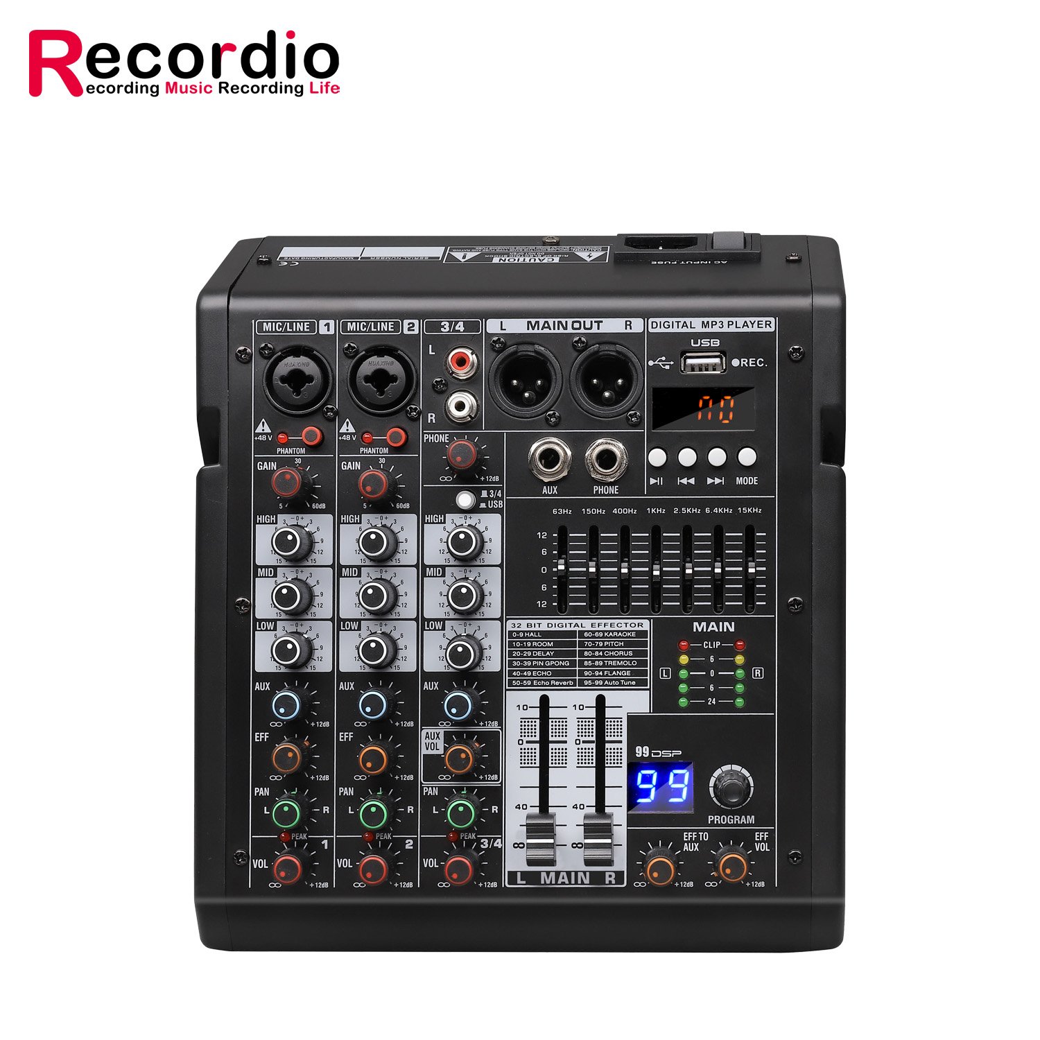 GAX-TDS4 Pro Audio Mixer DJ Sound Controller 7 Bands Graphic EQ 99DSP Effect For PC Recording XLR Microphone Jack