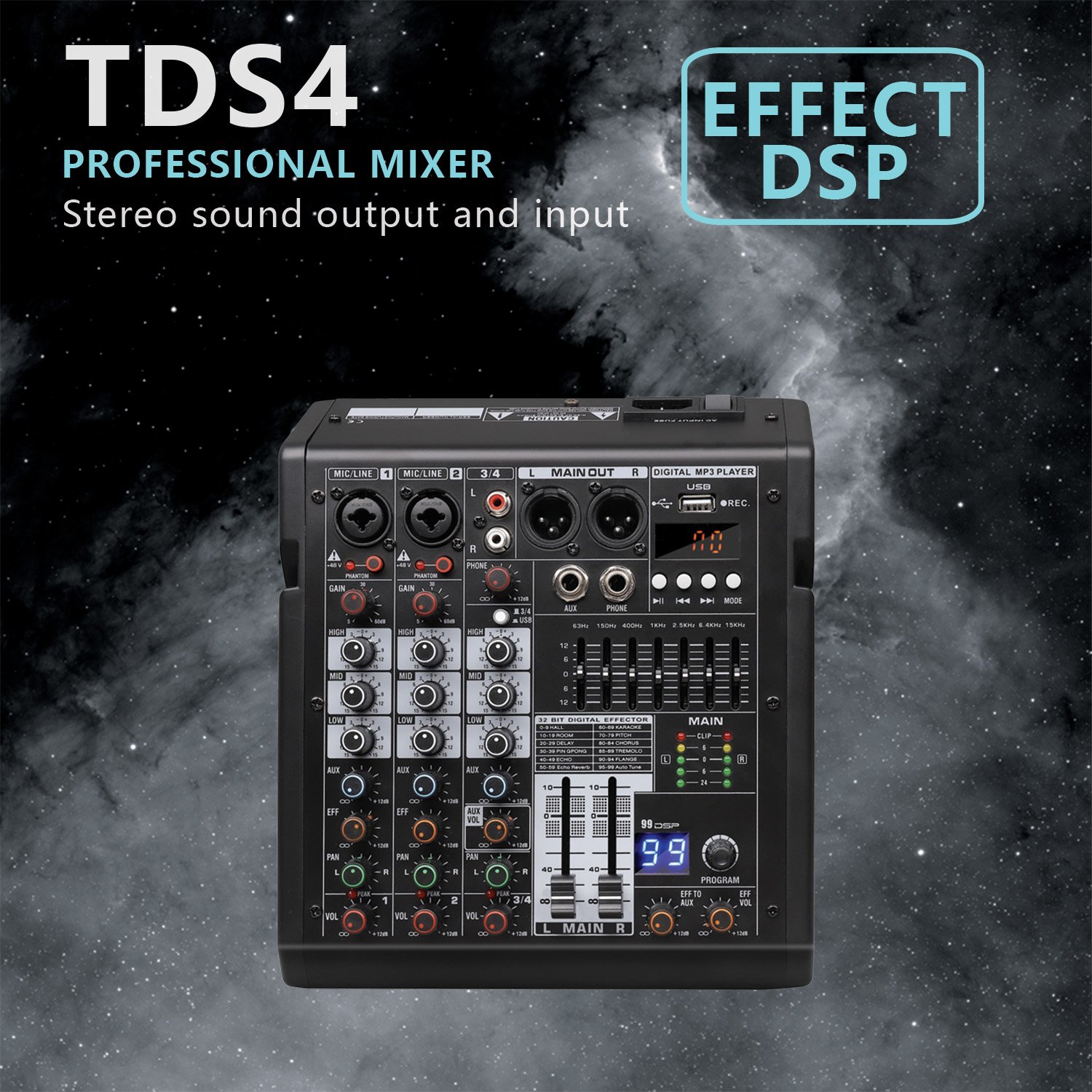 GAX-TDS4 Pro Audio Mixer DJ Sound Controller 7 Bands Graphic EQ 99DSP Effect For PC Recording XLR Microphone Jack
