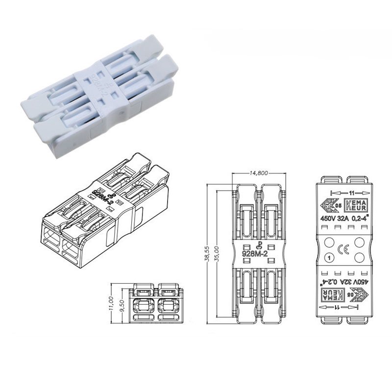 Openwise wire to wire connector plastic spring terminal block with Lever 2 pole 600V for building wiring 928M-2