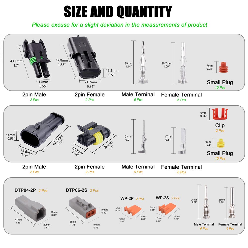 JRready Connector Kit 2 Sets 2 pin AMP Connector, 2 Sets 2 pin DTP Waterproof Car Electrical Connector 18-12AWG Terminal