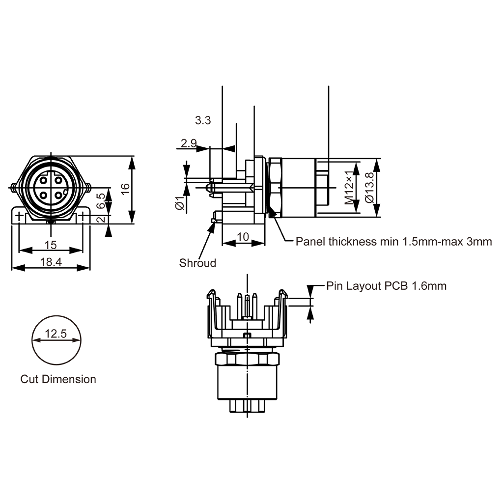 M12 shield female D-code rear panel mount PCB pin connector with plastic deck