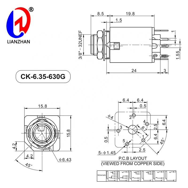 6.35 Audio Jack Connector 3 Pin Female PCB Mount 1/4 Mono TS Jack Connector