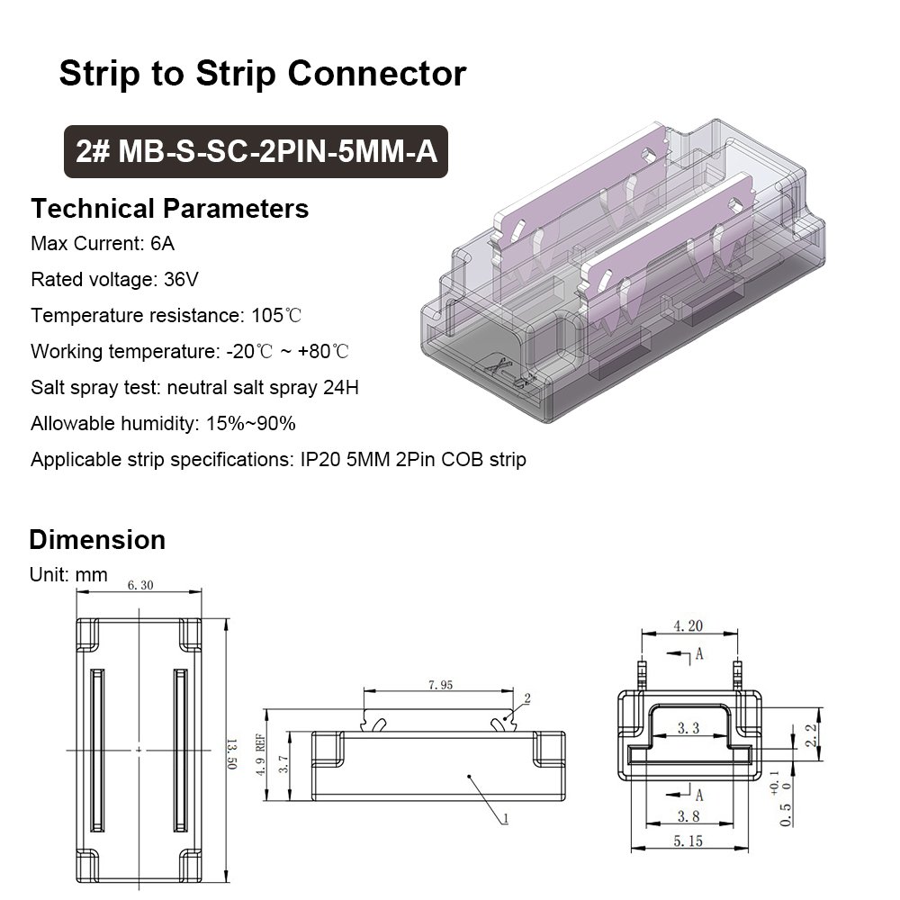 Universal Transparent 5mm 2 pin solderless Toolless cob led strip connector