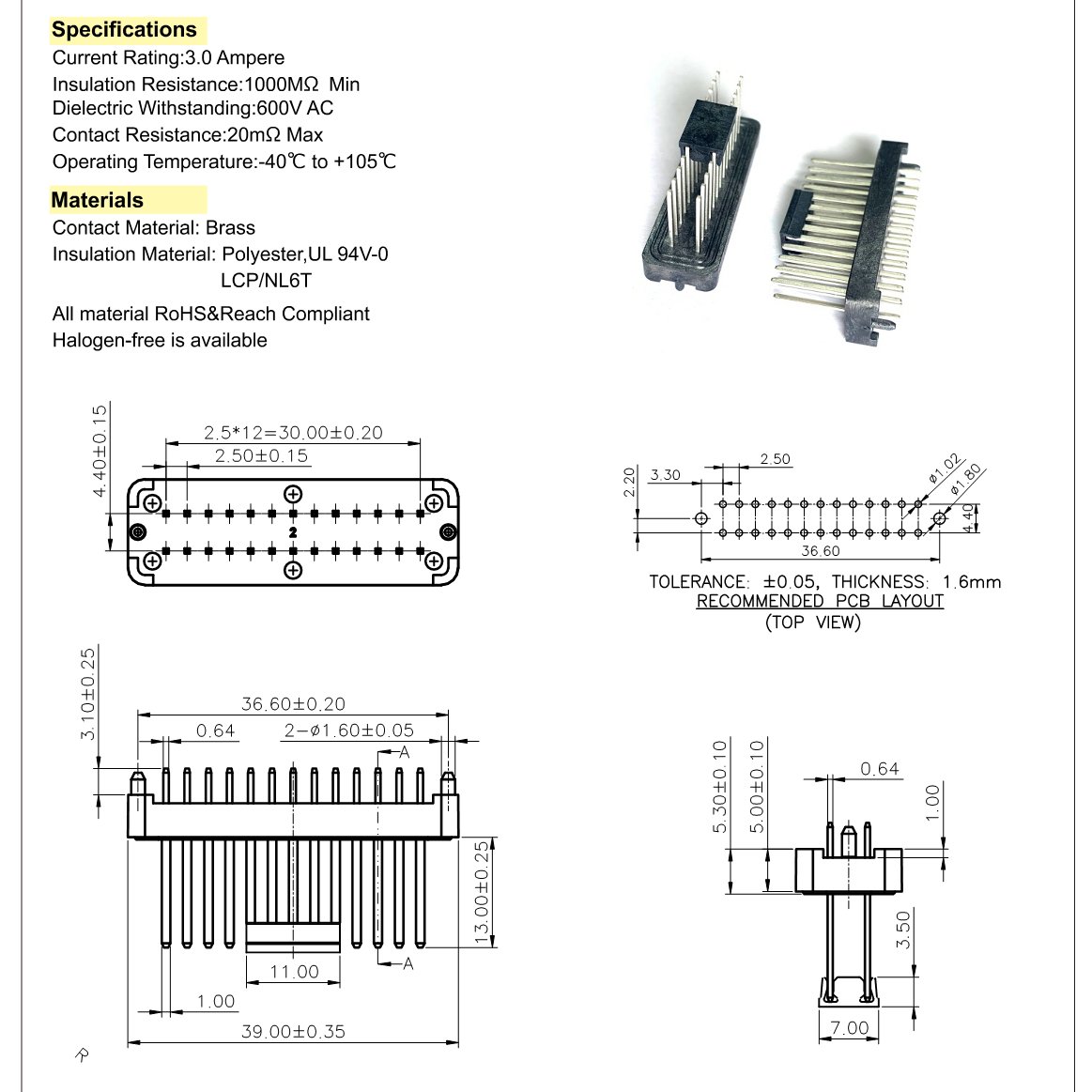 2.54mm Pitch Double Row Pin Header Pin Connector for Automobile Male PCB Connector Board to Board connector