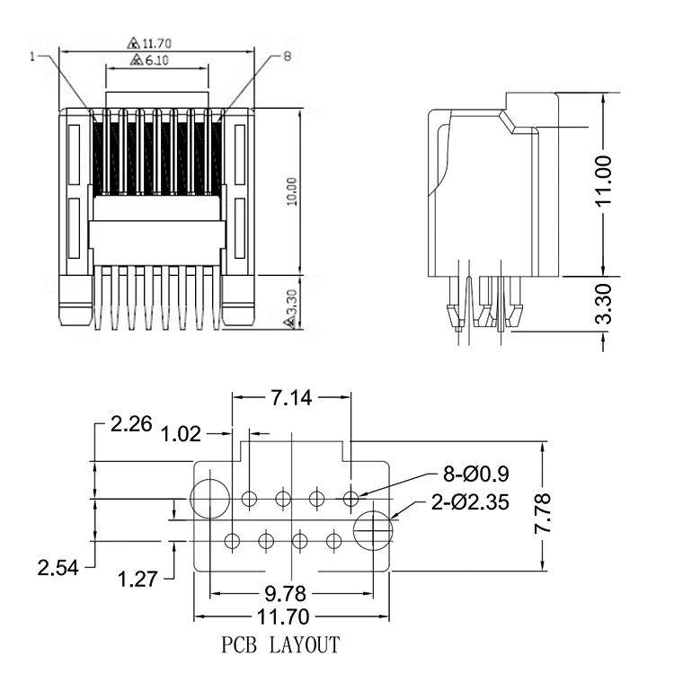 Short body PCB RJ45 plug Male L=11mm for VFD Inverter PCB board DIP RJ45 Connector 8P8C Male