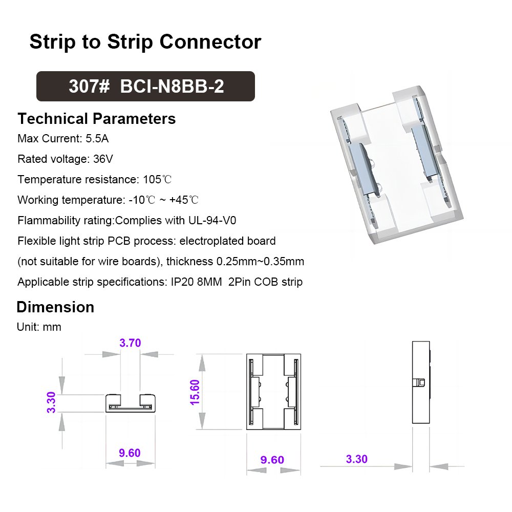 8mm 10mm 2 Pin LED Strip Connector for IP20 COB LED Strip Light
