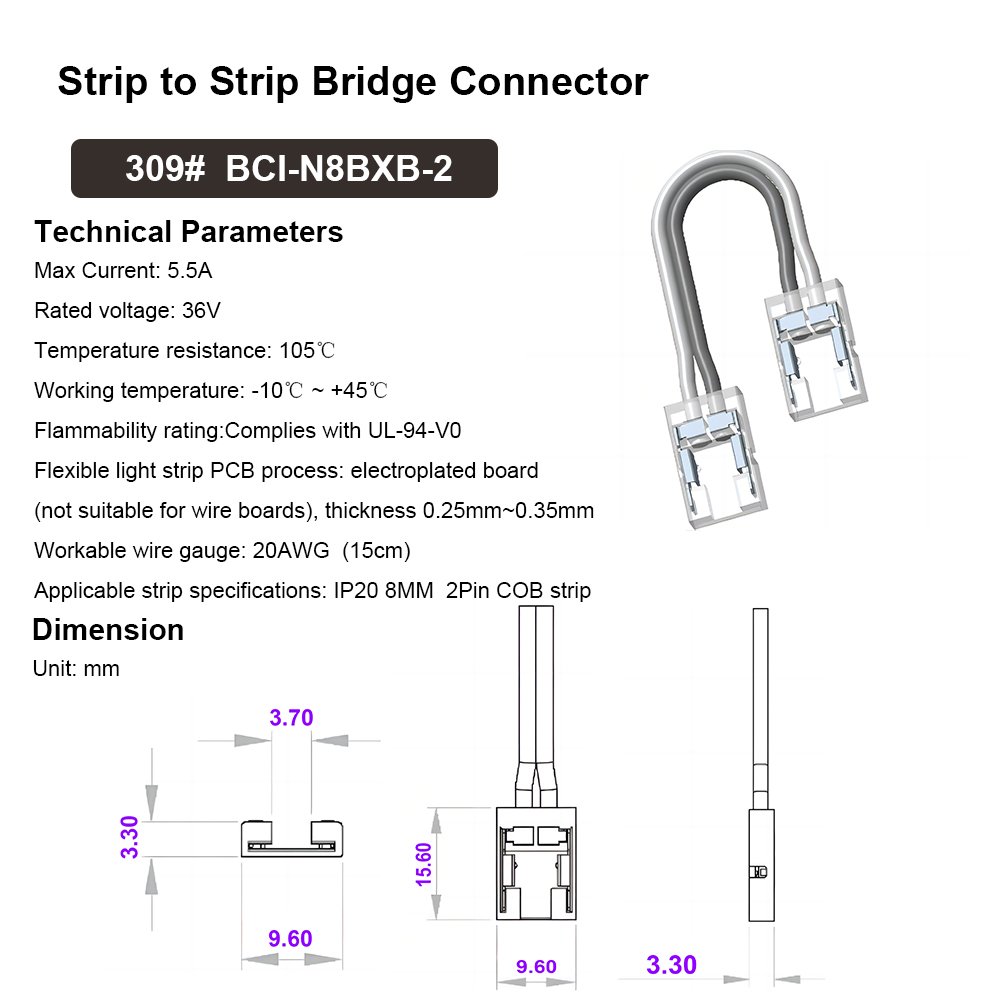8mm 10mm 2 Pin LED Strip Connector for IP20 COB LED Strip Light