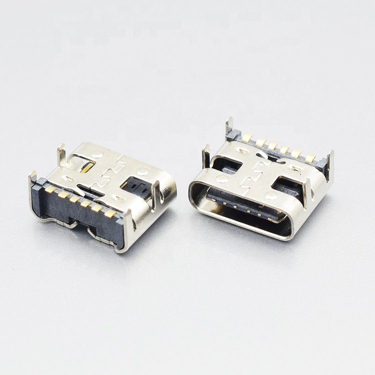 Manufacturer in stock female 6 pin plug type-c stainless steel shell type c connector for flash charging fast char