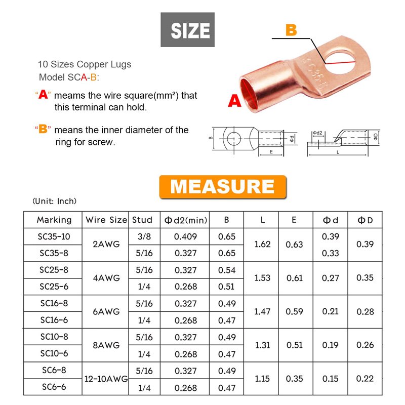 Copper Wire Lugs AWG2 4 6 8 10 12 with Heat Shrink Set Battery Cable Ends Ring Terminals Connectors Tubing Assortment Kit