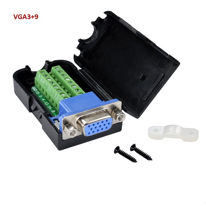 OEM Solderless VGA 3+9 or 3+6 Female Adapter Black Shell 15pin Dsub Connector with Front Rivet Nut for Computer Monitor