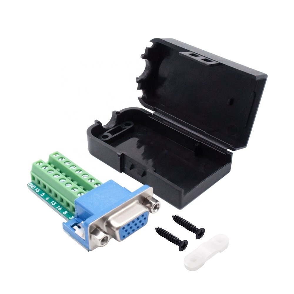 OEM Solderless VGA 3+9 or 3+6 Female Adapter Black Shell 15pin Dsub Connector with Front Rivet Nut for Computer Monitor