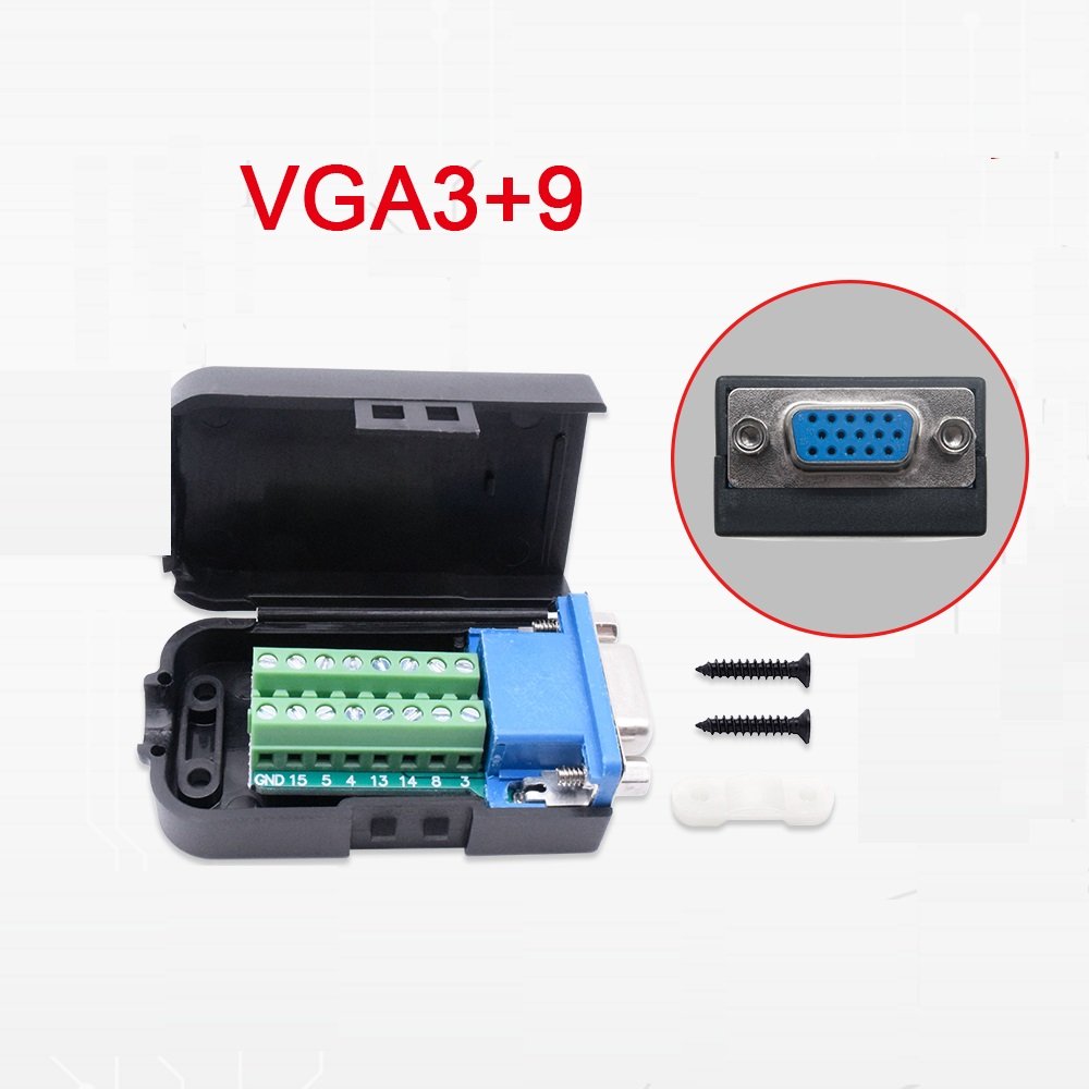 OEM Solderless VGA 3+9 or 3+6 Female Adapter Black Shell 15pin Dsub Connector with Front Rivet Nut for Computer Monitor