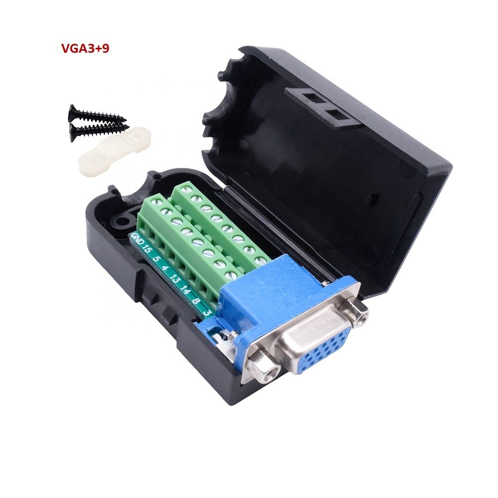 OEM Solderless VGA 3+9 or 3+6 Female Adapter Black Shell 15pin Dsub Connector with Front Rivet Nut for Computer Monitor
