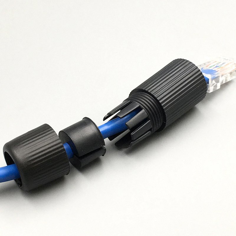 Black RJ45 Cat5E Cat6 network waterproof connector