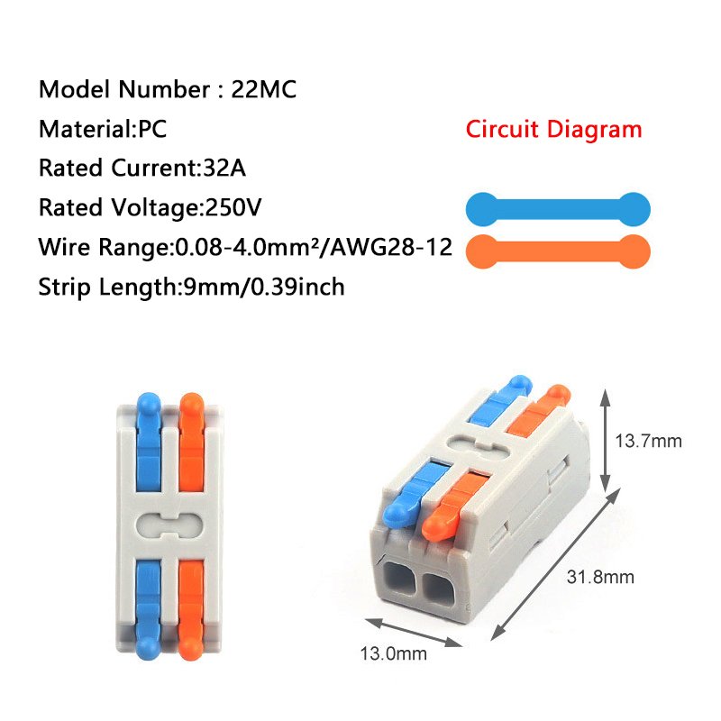 MIni Type 2 pin 2 in 2 out push-in quick wire connector