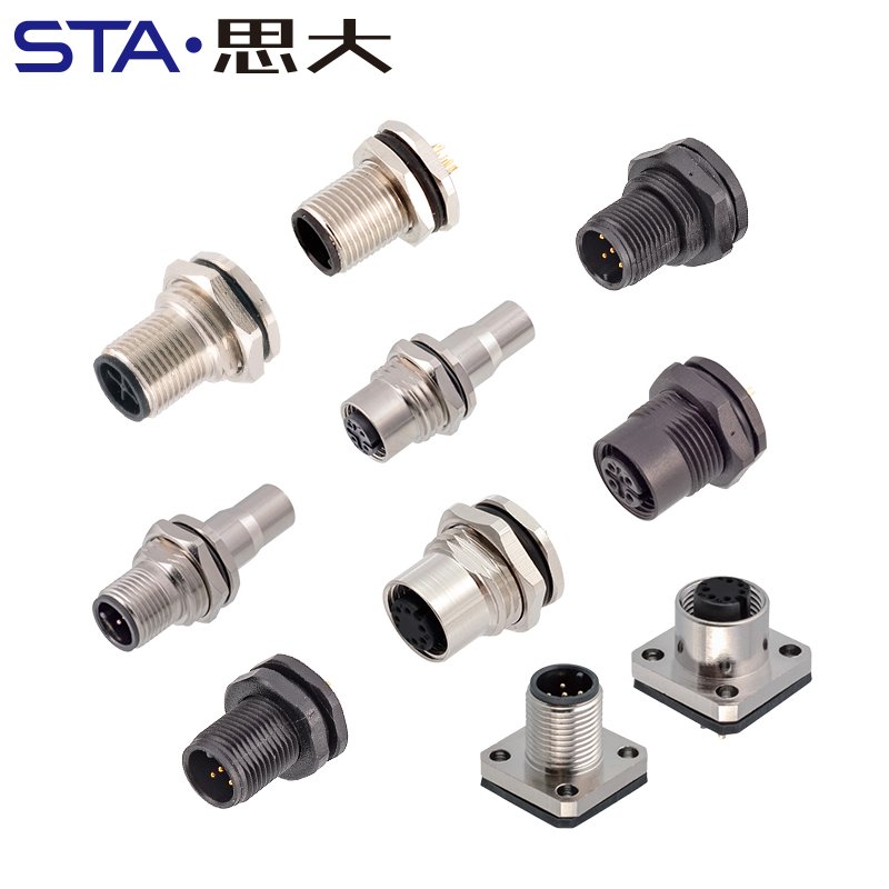 M12 circular signal power connector sensor socket 4 5 6 8 core 12 17pin back panel rear mount flange solder M12 panel connector
