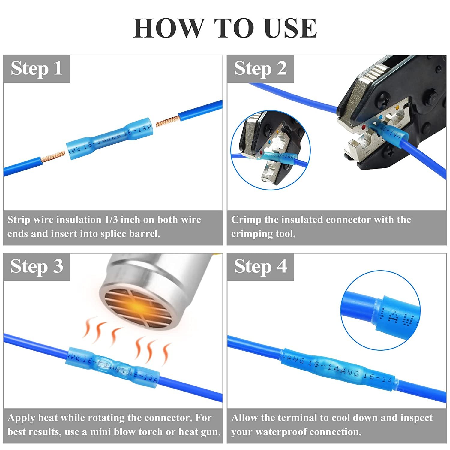 500 Pcs Blue Heat Shrink Butt Connectors, 16-14 AWG Waterproof Electrical Crimp Wire Splice for Marine, Cable, Wiring