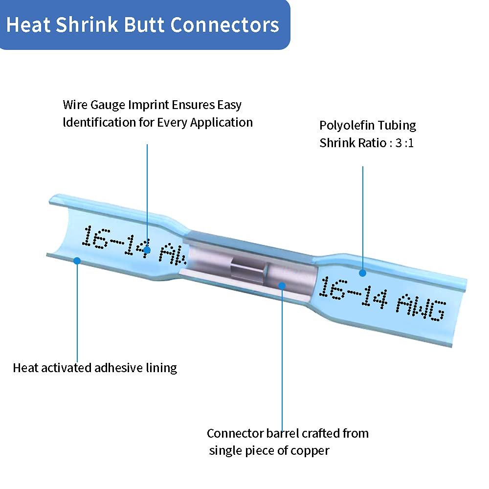 500 Pcs Blue Heat Shrink Butt Connectors, 16-14 AWG Waterproof Electrical Crimp Wire Splice for Marine, Cable, Wiring