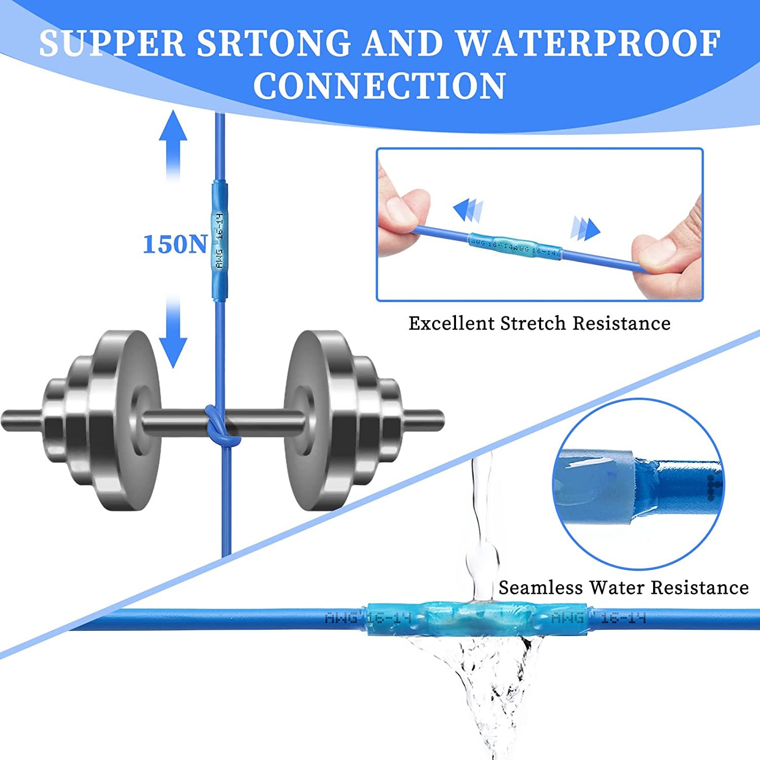 500 Pcs Blue Heat Shrink Butt Connectors, 16-14 AWG Waterproof Electrical Crimp Wire Splice for Marine, Cable, Wiring