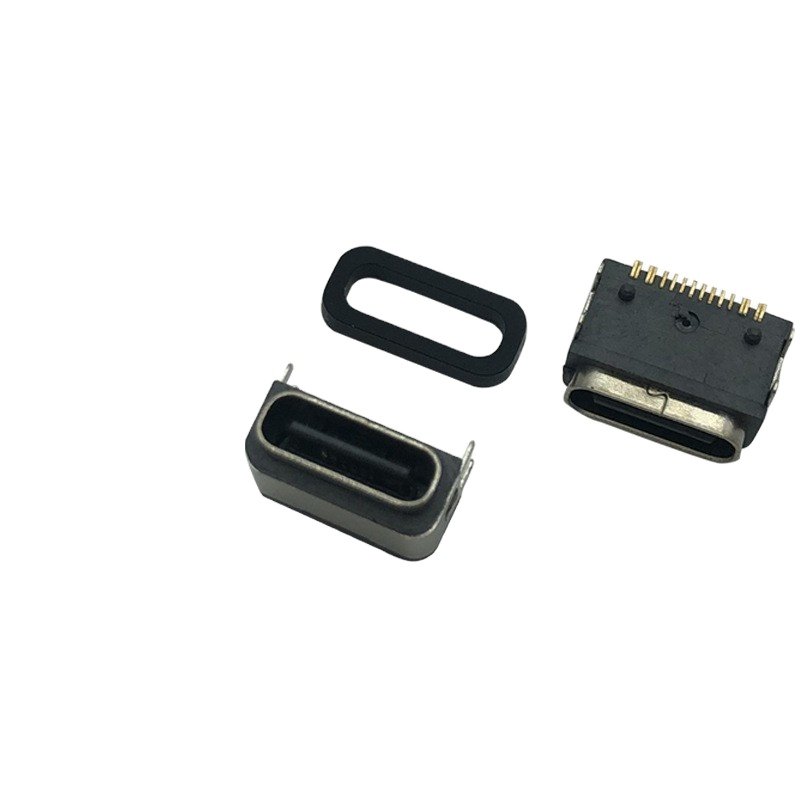 USB Type C 16P Waterproof Female Socket Horizontal Four-Leg Insertion SMT Connector for PCB Application