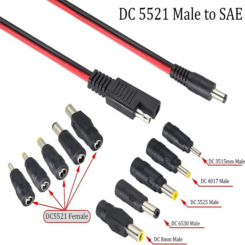 High Quality SAE Plug to DC5.5*2.1 5.5*2.5 6.5*3.0 3.5*1.5mm DC Plug Male Connector for Solar Power Supply Connection