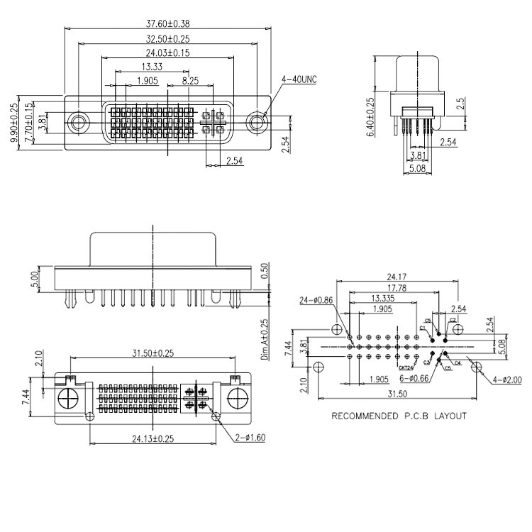 DVI Connector 180Degree PCB Mount DVI 24+5 Female Socket Connector