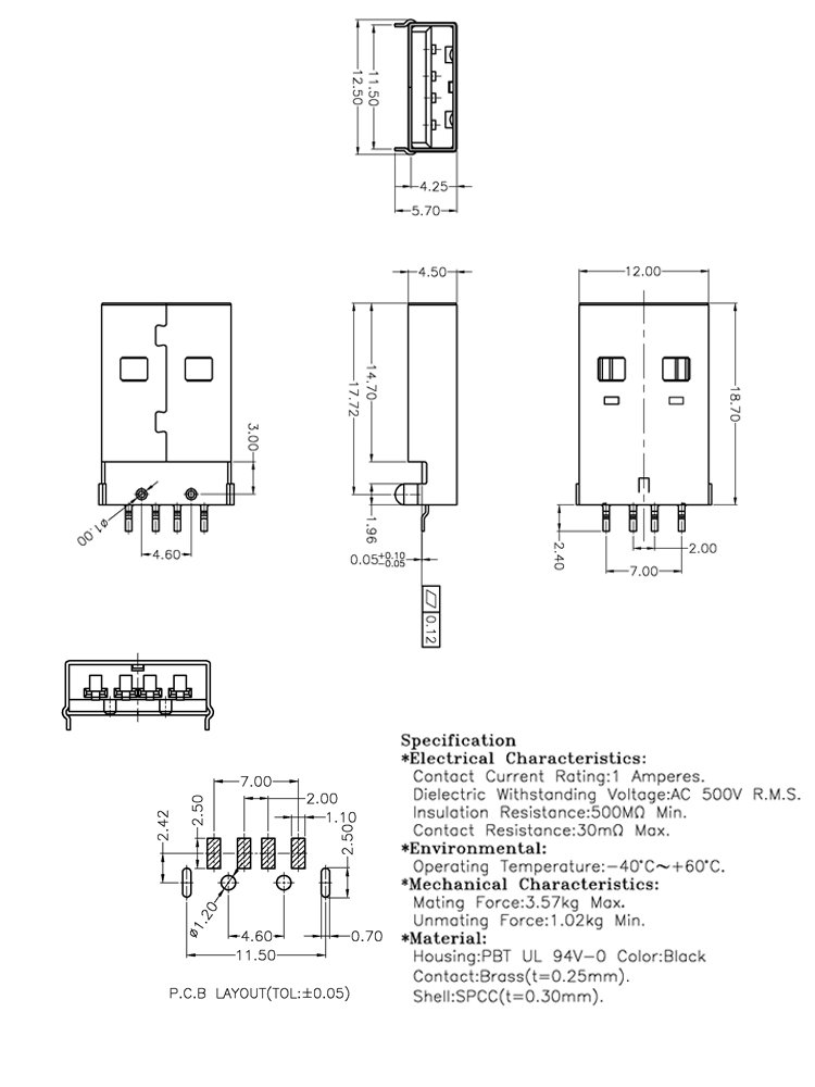 USB AM 180 Degree Sink Connector 4 Pin Plug Pitch 2.0mm 12*4.5*18.75mm USB-TYPE A Male