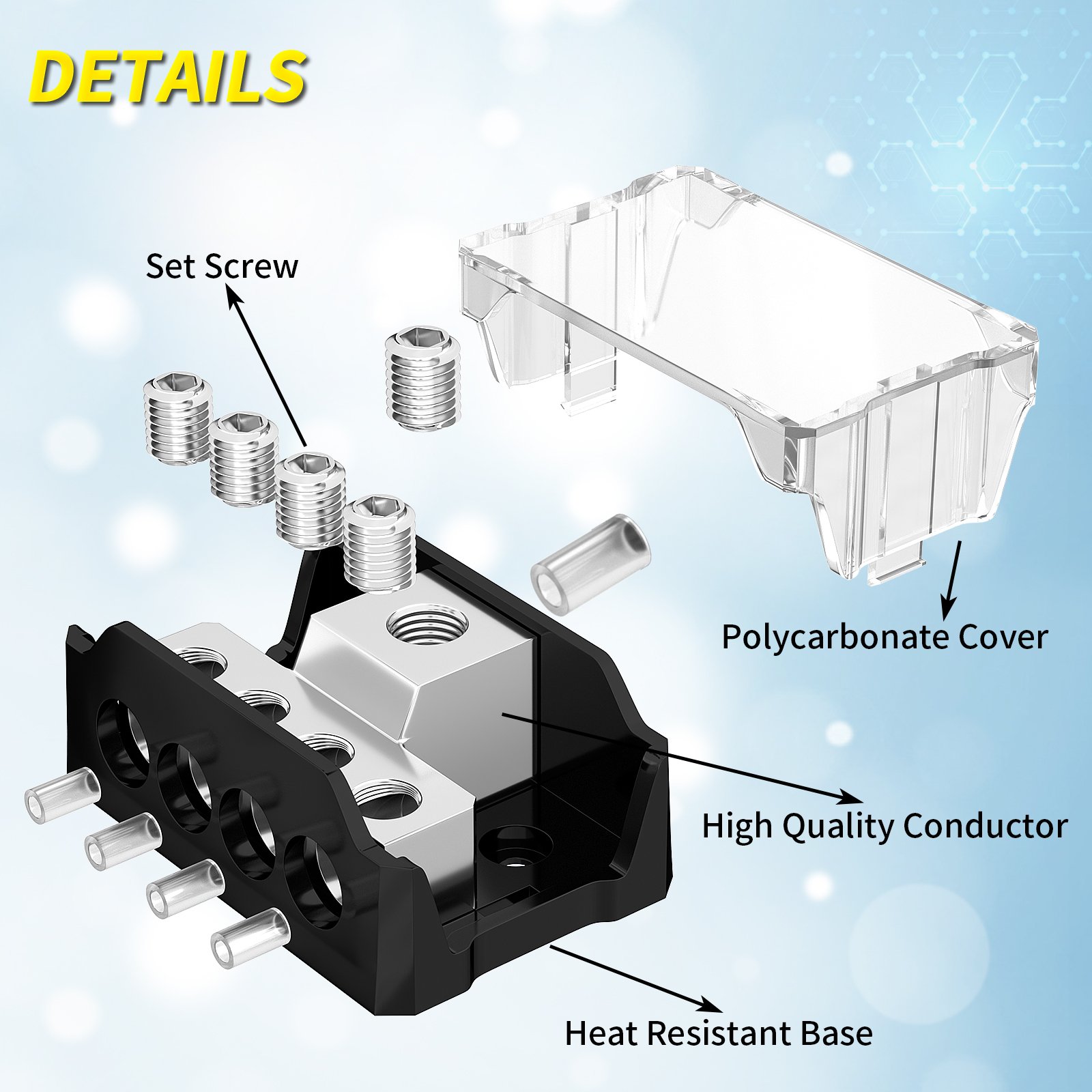 Car Audio 4 Way Power Distribution Block Zinc Alloy 1 IN 4 OUT Battery Connector Terminal for Positive Negative Control Wiring