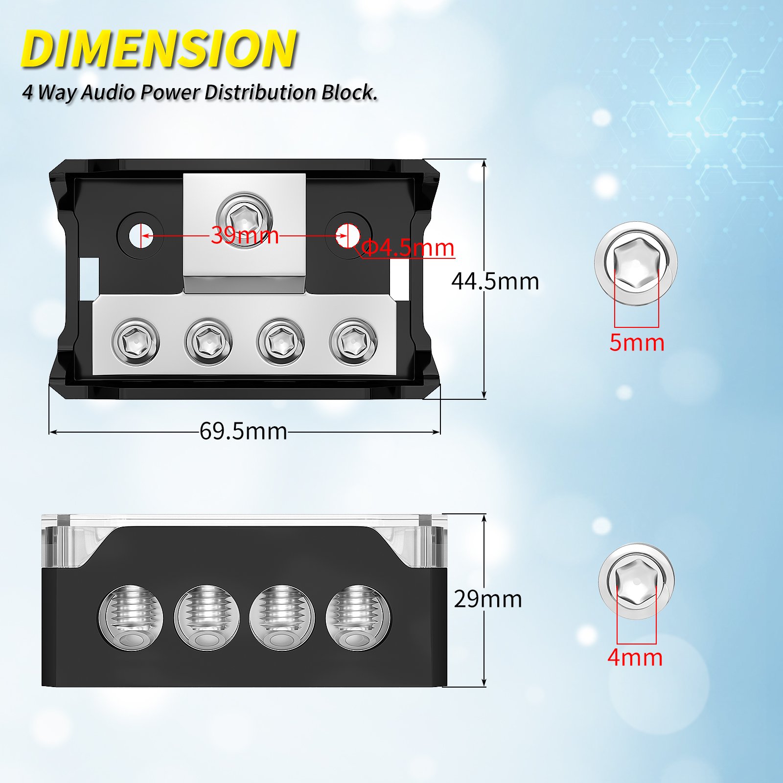 Car Audio 4 Way Power Distribution Block Zinc Alloy 1 IN 4 OUT Battery Connector Terminal for Positive Negative Control Wiring