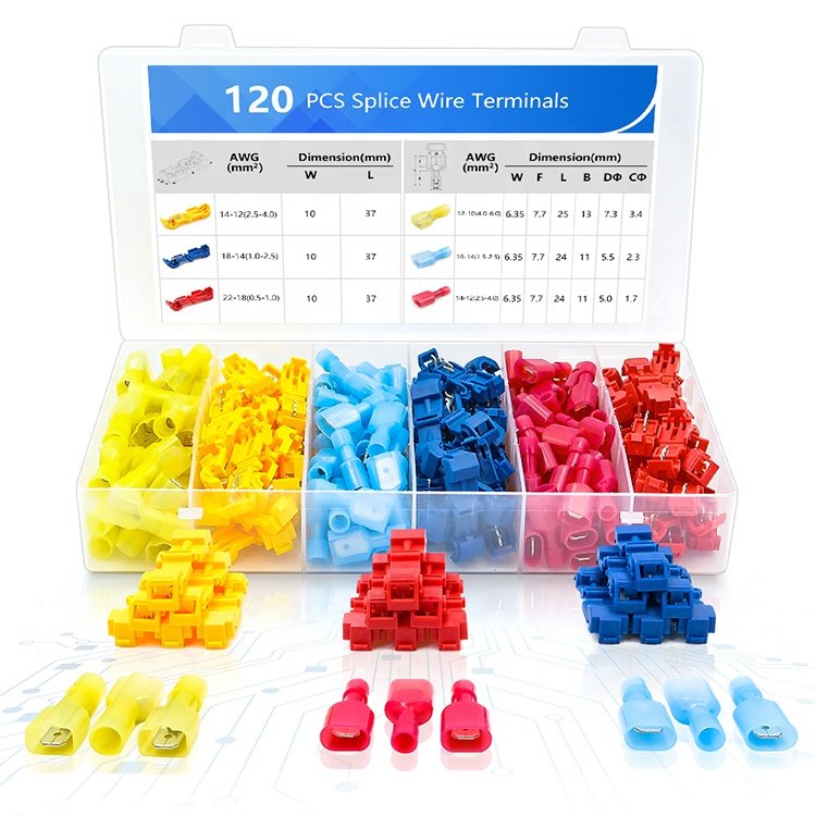 120PCS T-Tap Self-Sreipping Quick Splice Full Insulated Male Disconnectors Spade Automotive Crimp Wire Terminals Connector Kit