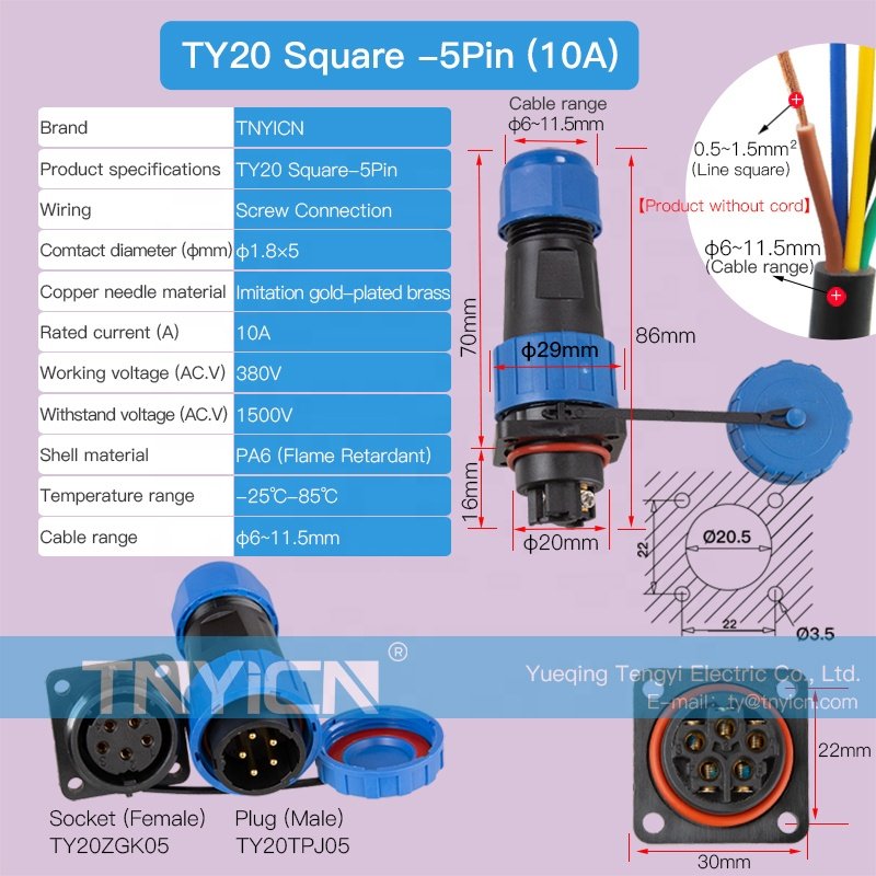 Solder-free screw TY20 Square 5 Pin connection IP68 Panel Mount 10A Male Female Power Plug Circular Waterproof Connectors