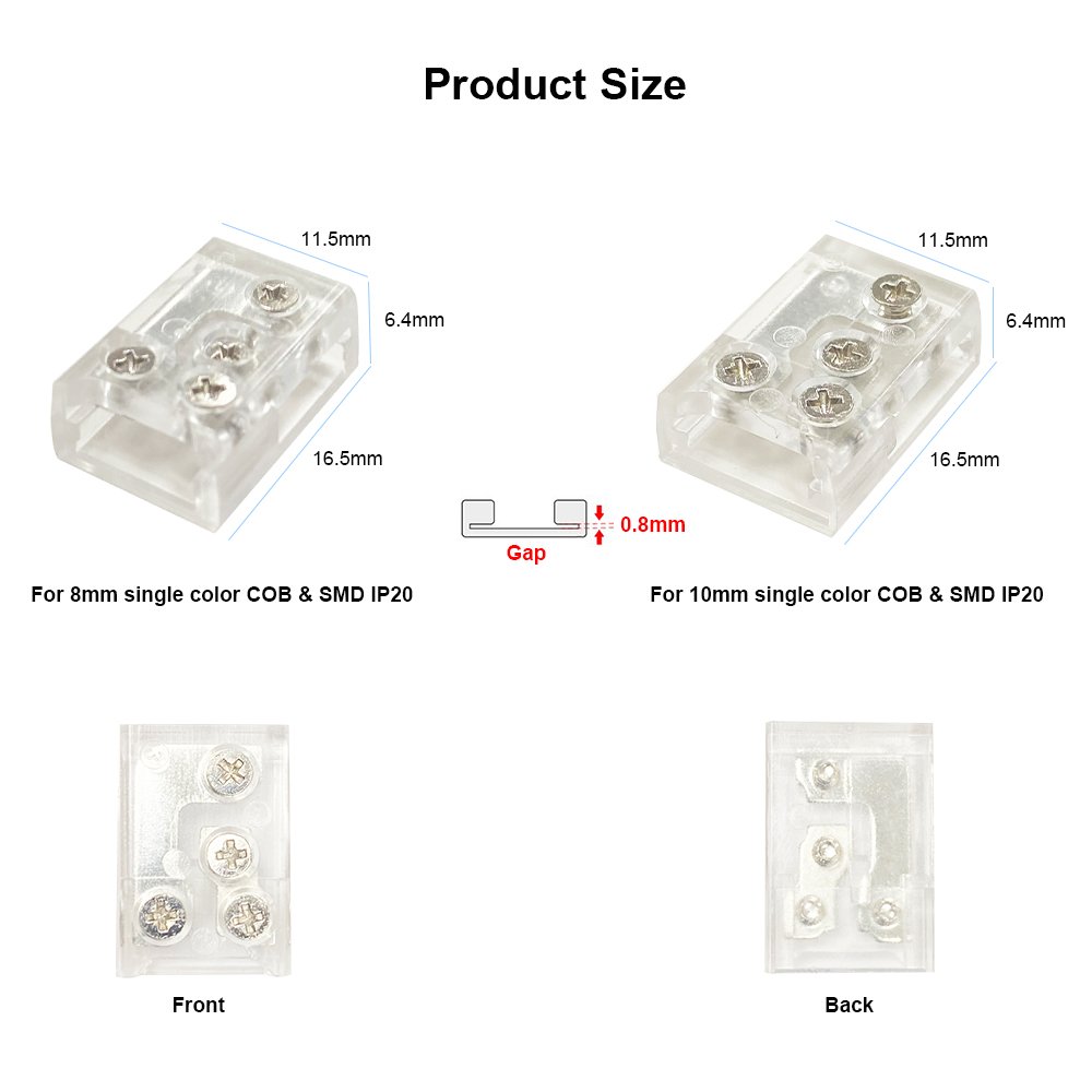 T Shape L shape 2 Pin 8mm 10mm Solderless Transparent Screw LED Strip Light Connector for 12V 24V Single Color LED Light Strip