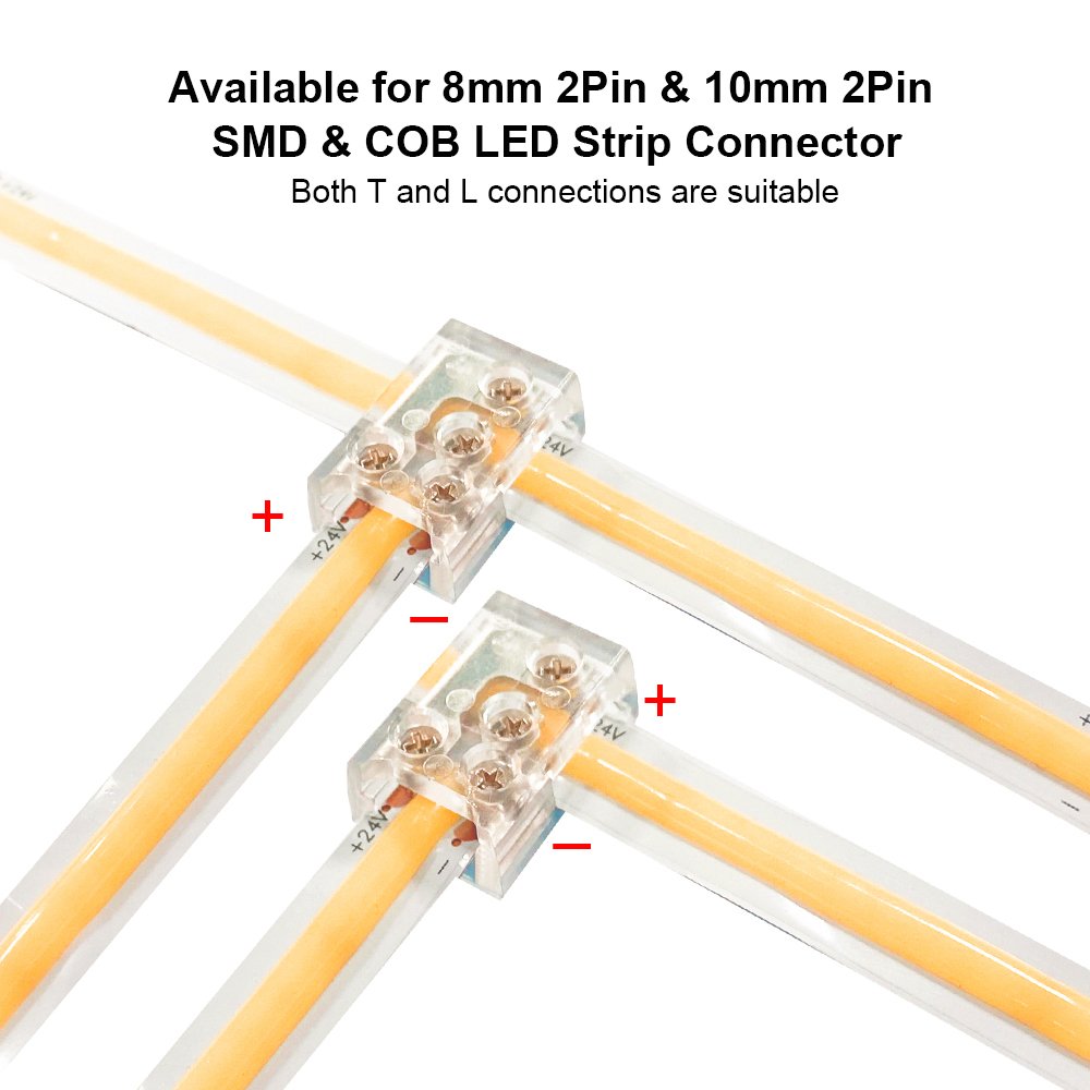 T Shape L shape 2 Pin 8mm 10mm Solderless Transparent Screw LED Strip Light Connector for 12V 24V Single Color LED Light Strip