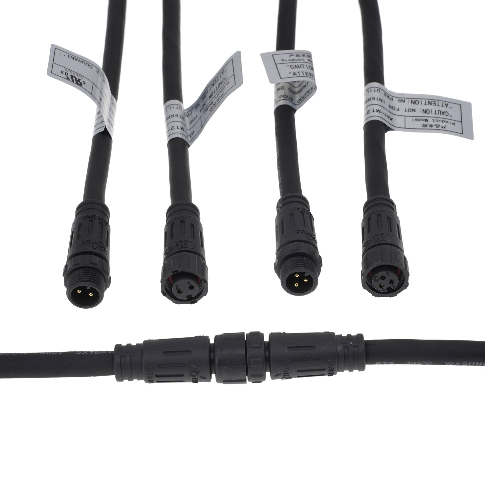 Approved UL Certificate IP67 power cable connector M12 pre-wire male and female plug with 3 core 18AWG cable for outdoor
