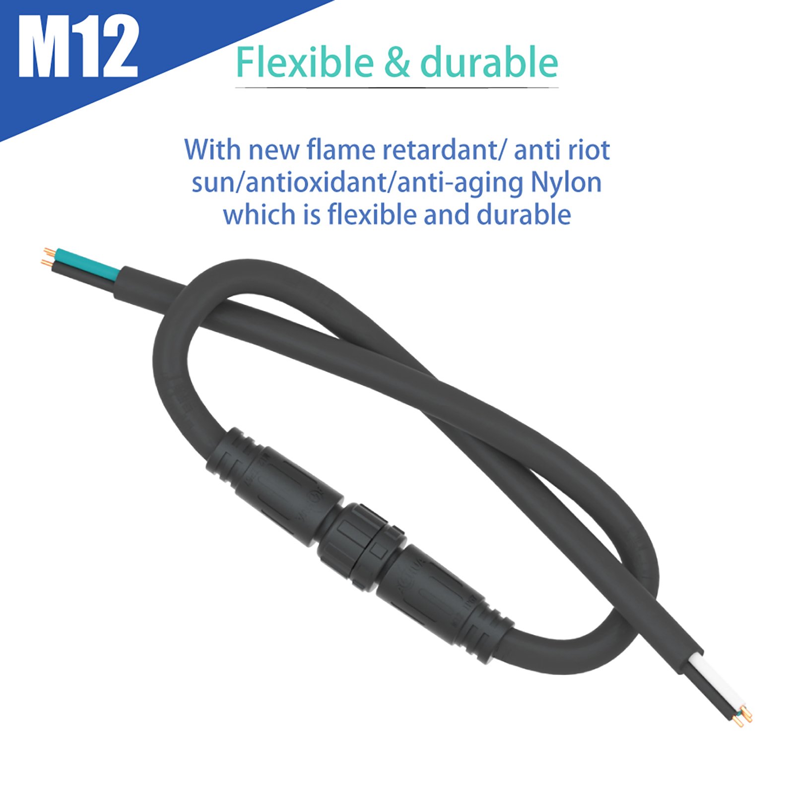 Approved UL Certificate IP67 power cable connector M12 pre-wire male and female plug with 3 core 18AWG cable for outdoor