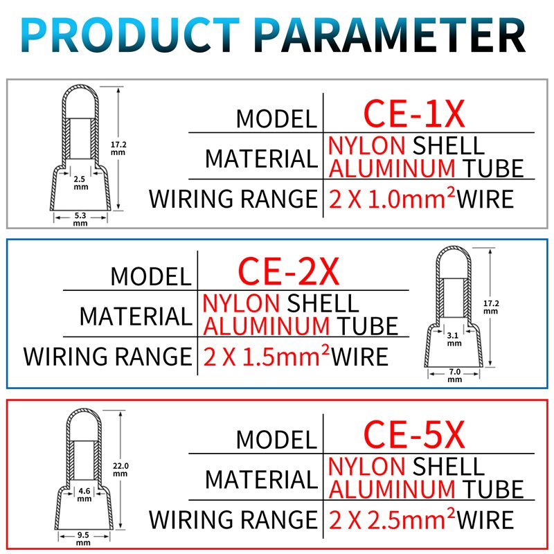 Plastic/Nylon CE1X CE2X CE-5X AWG 12-10 16-14 22-16 Closed End Crimping Car Audio Cable Connector Terminal