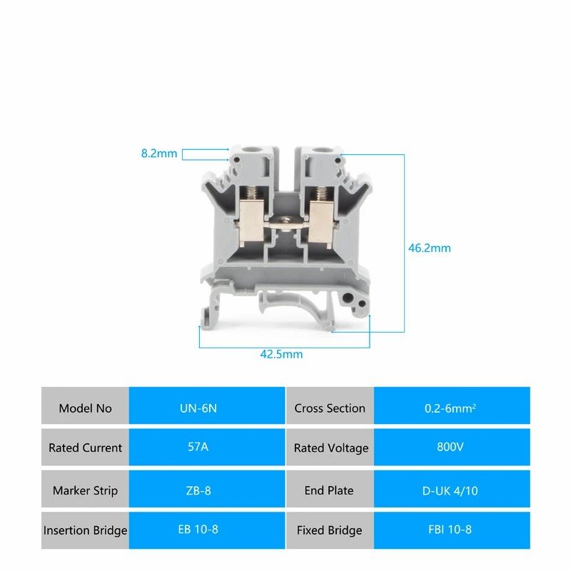 Electrical Connector Din Rail Uk-6n Connect Terminal Block 57a 800v 0.2-6 Wire Range Fuse Terminal Block Connector