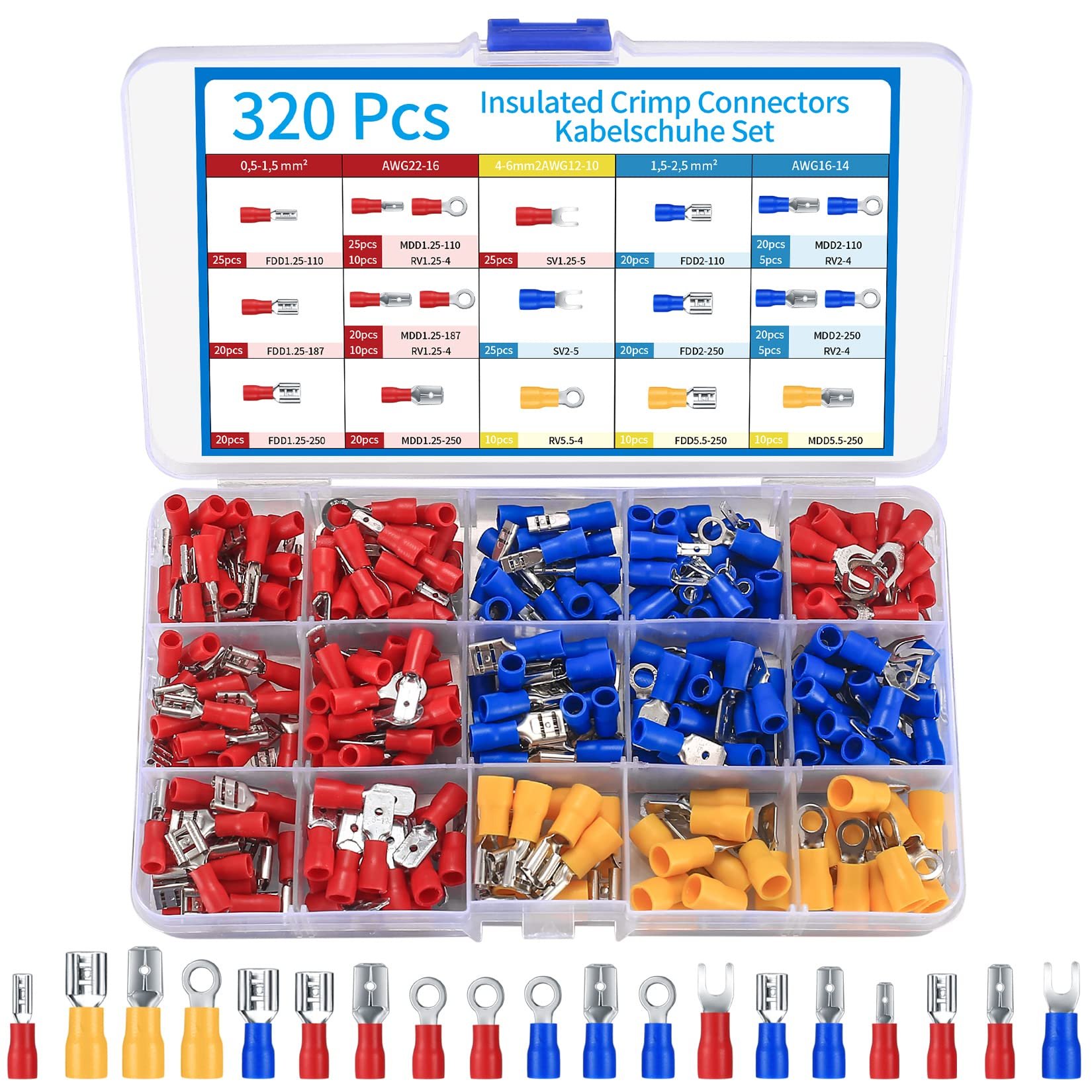 Sundimo 320 Pcs Insulated Wire Crimp Connectors, Electrical Cable Connectors Assorted, Male/Female Wire Crimp Terminals